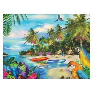 1000 Piece Puzzle Parrots Macaw Beach Lagoon Hibiscus Row Boat Palm Tree Tropics